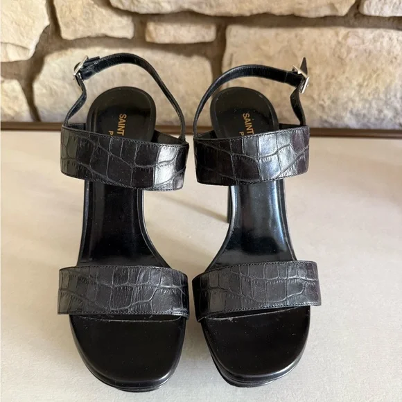 Black Croc-Embossed Leather Women's Sandals - Picture 1 of 12